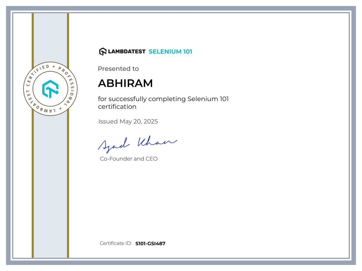 Abhiram's Automation Certificate: Selenium 101
