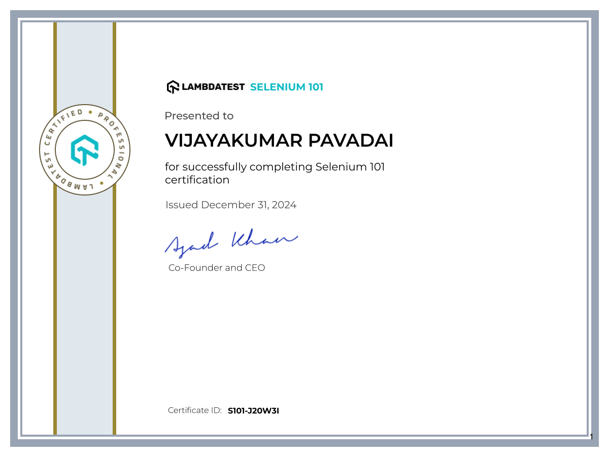 Vijayakumar Pavadai's Automation Certificate: Selenium 101