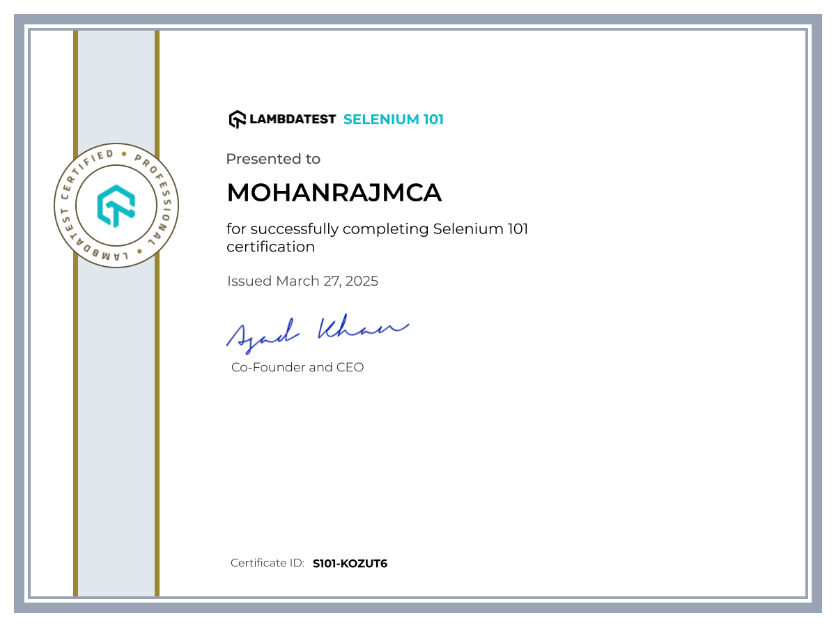 Mohanrajmca's Automation Certificate: Selenium 101