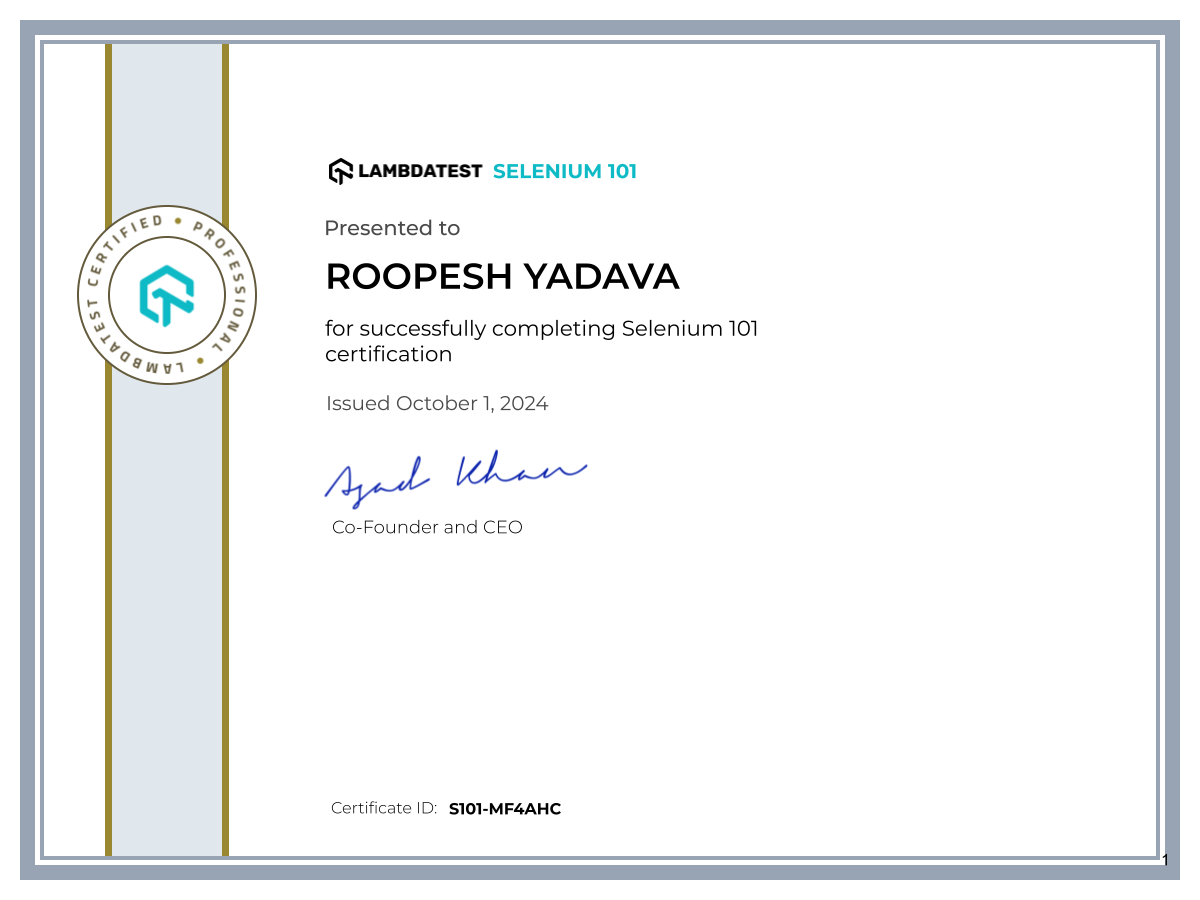 Roopesh Yadava's Automation Certificate: Selenium 101