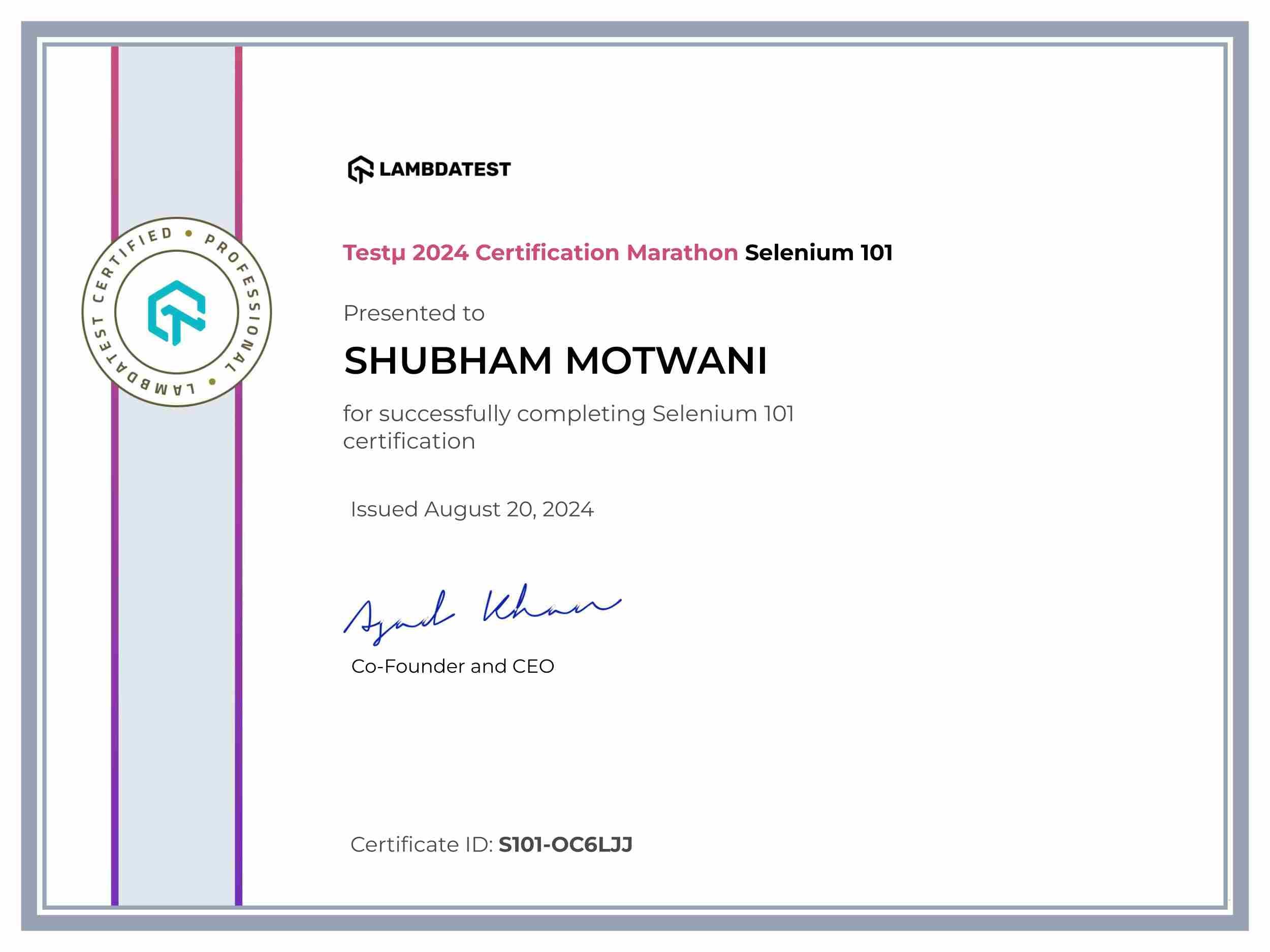 Shubham Motwani's Automation Certificate: Selenium 101