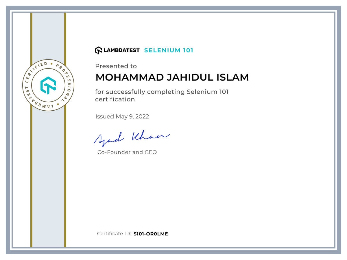 Mohammad Jahidul Islam's Automation Certificate: Selenium 101