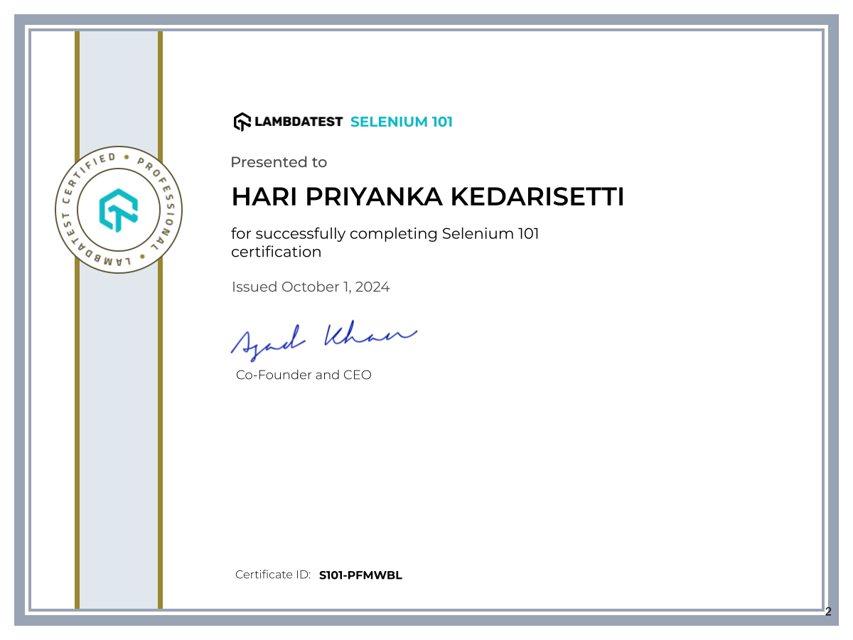 Hari Priyanka Kedarisetti's Automation Certificate: Selenium 101