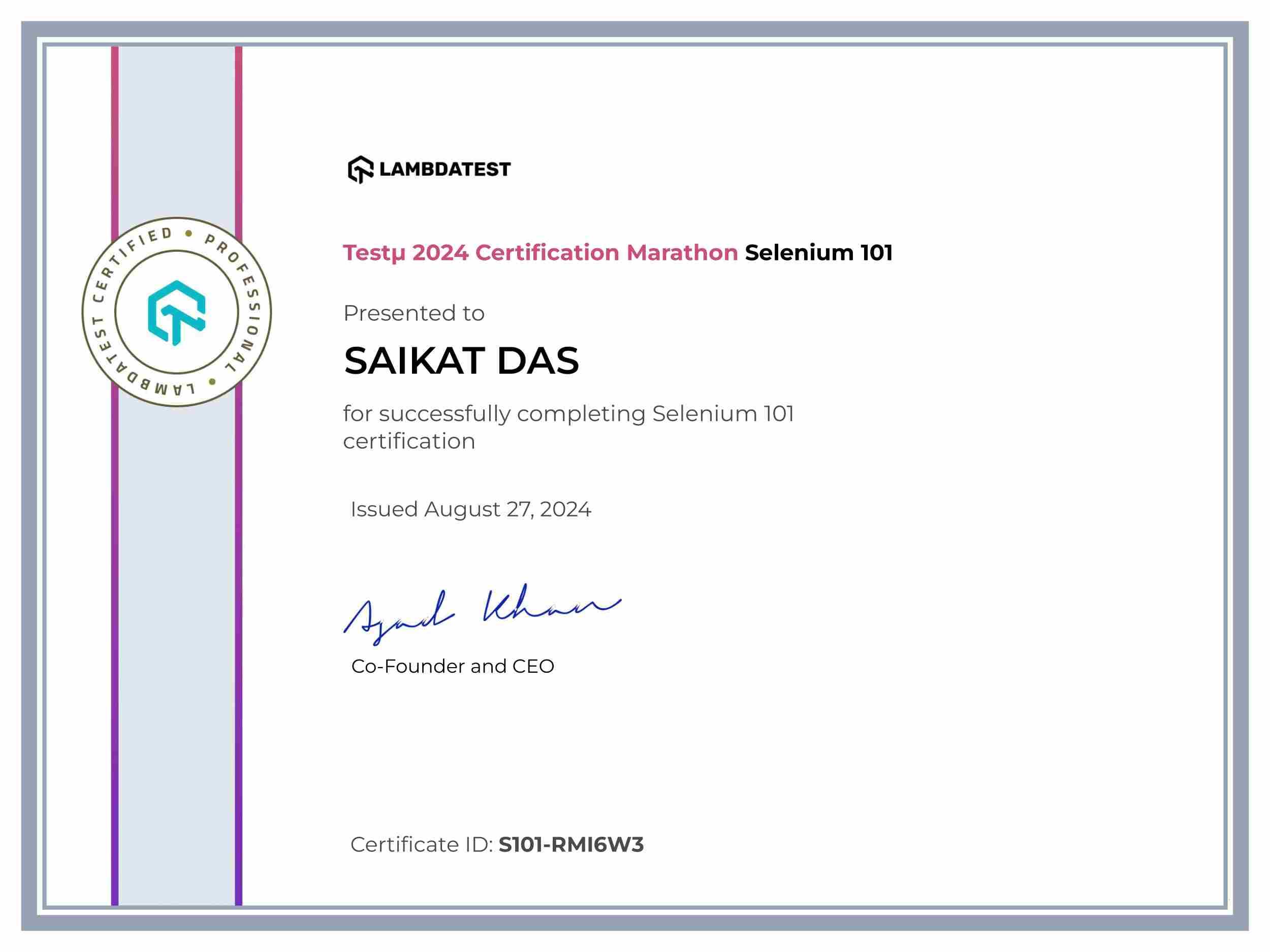 Saikat Das's Automation Certificate: Selenium 101