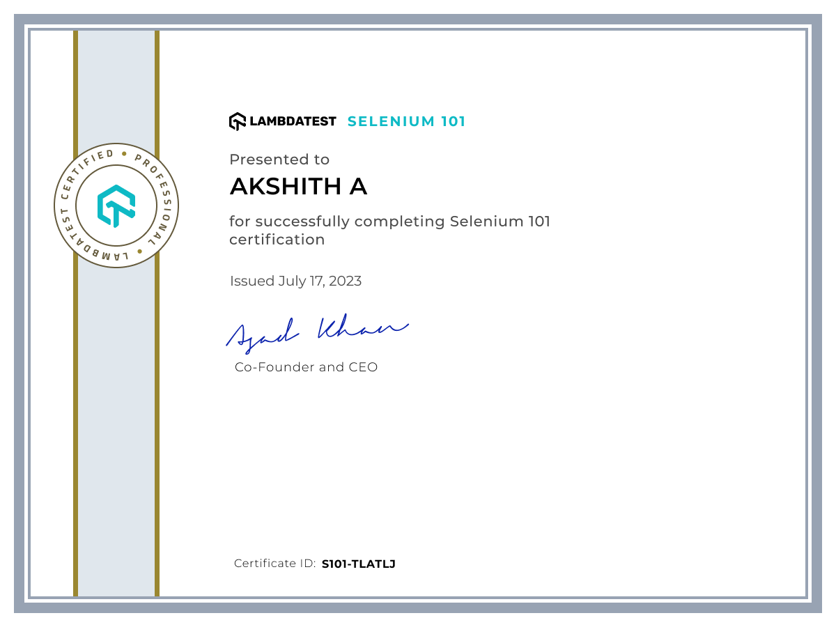 Akshith A's Automation Certificate: Selenium 101