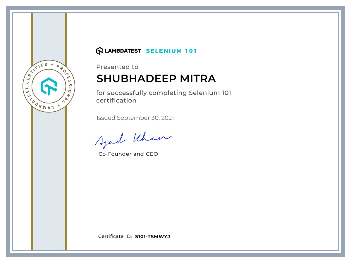 Shubhadeep Mitra's Automation Certificate: Selenium 101