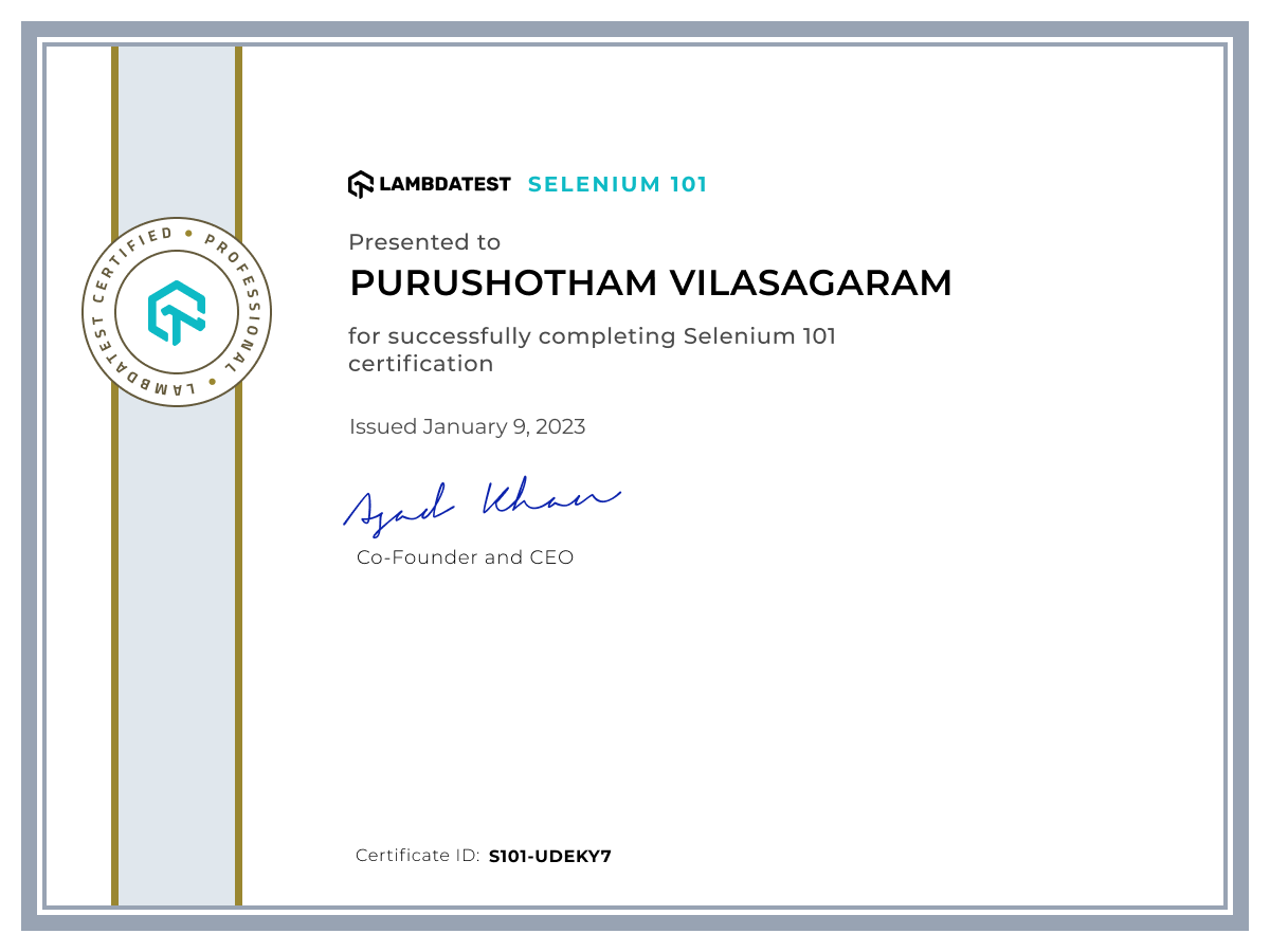 Purushotham Vilasagaram's Automation Certificate: Selenium 101