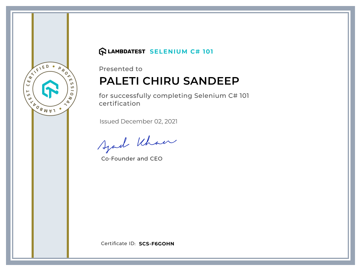 Paleti Chiru Sandeep's Automation Certificate: Selenium C# 101