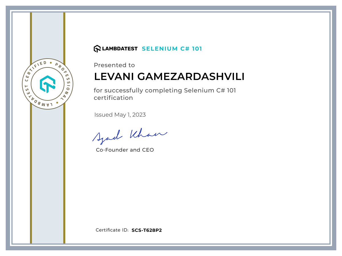 Levani Gamezardashvili's Automation Certificate: Selenium C# 101
