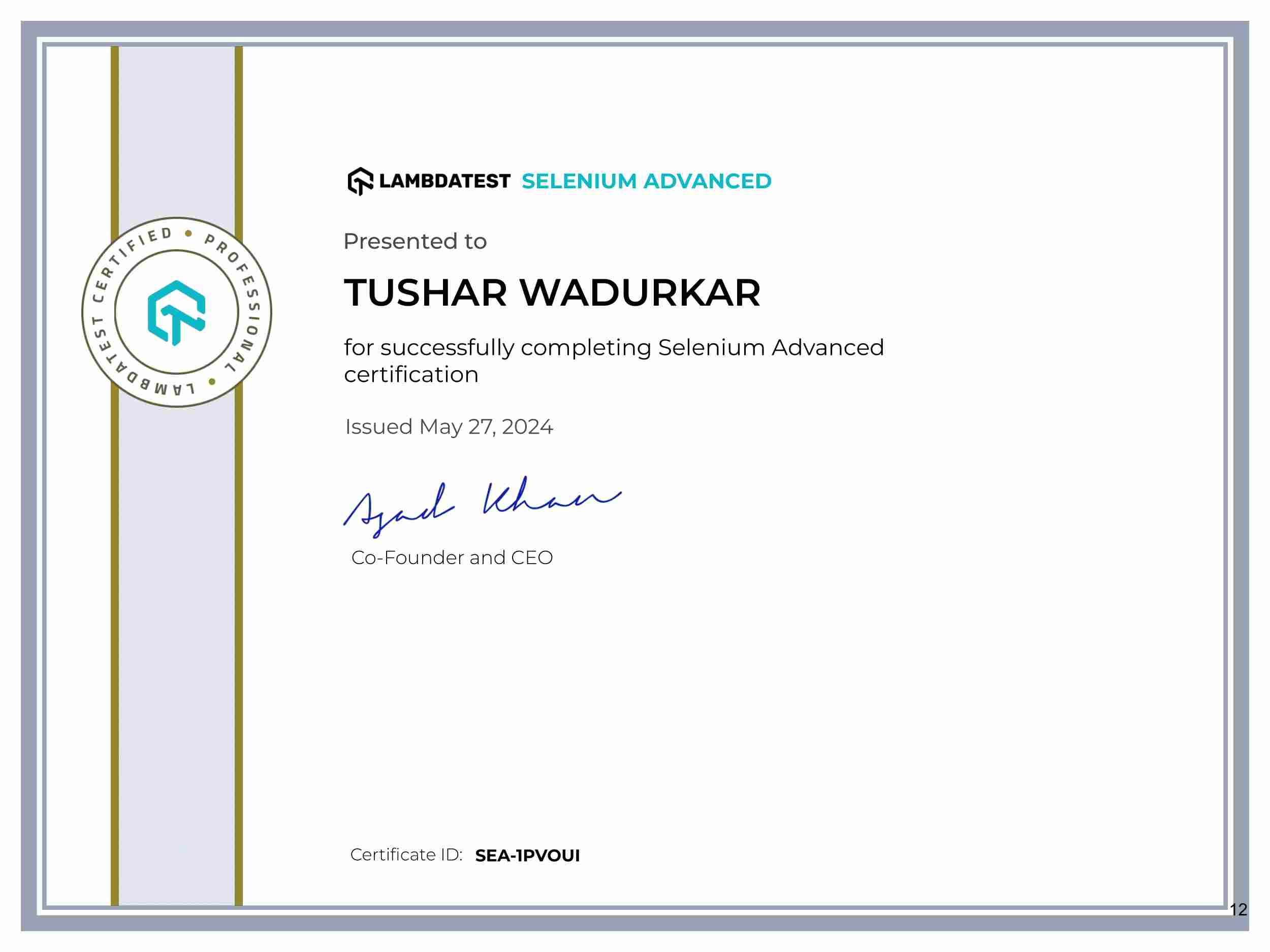 Tushar Wadurkar's Automation Certificate: Selenium Advanced