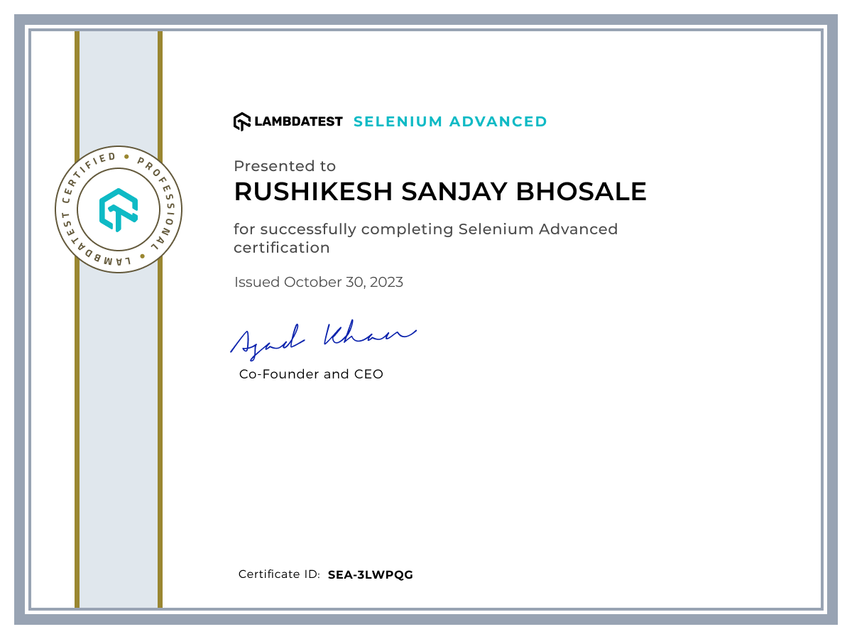 Rushikesh Sanjay Bhosale's Automation Certificate: Selenium Advanced