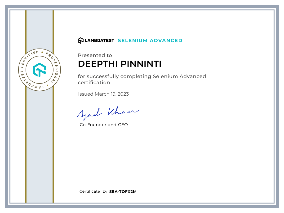 Deepthi Pinninti's Automation Certificate: Selenium Advanced