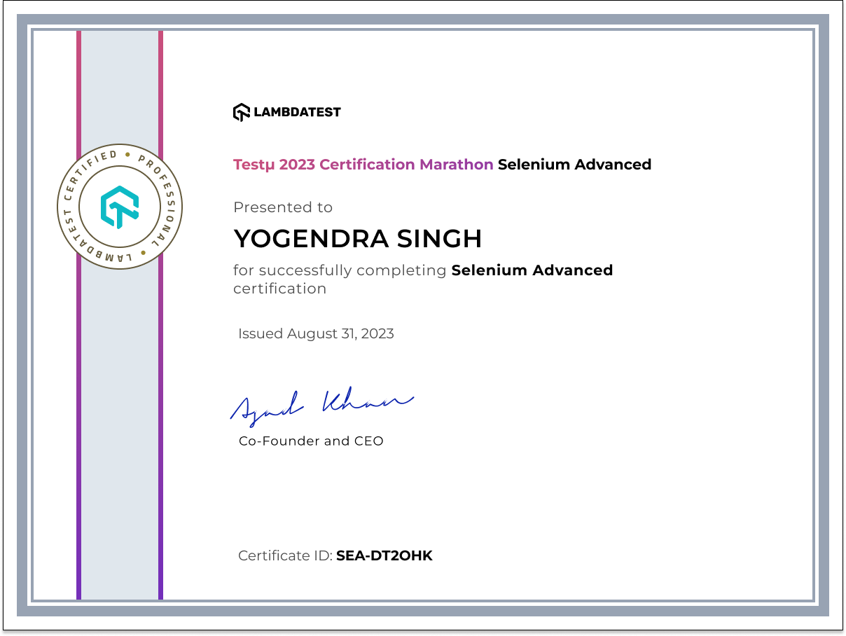 Yogendra Singh's Automation Certificate: Selenium Advanced