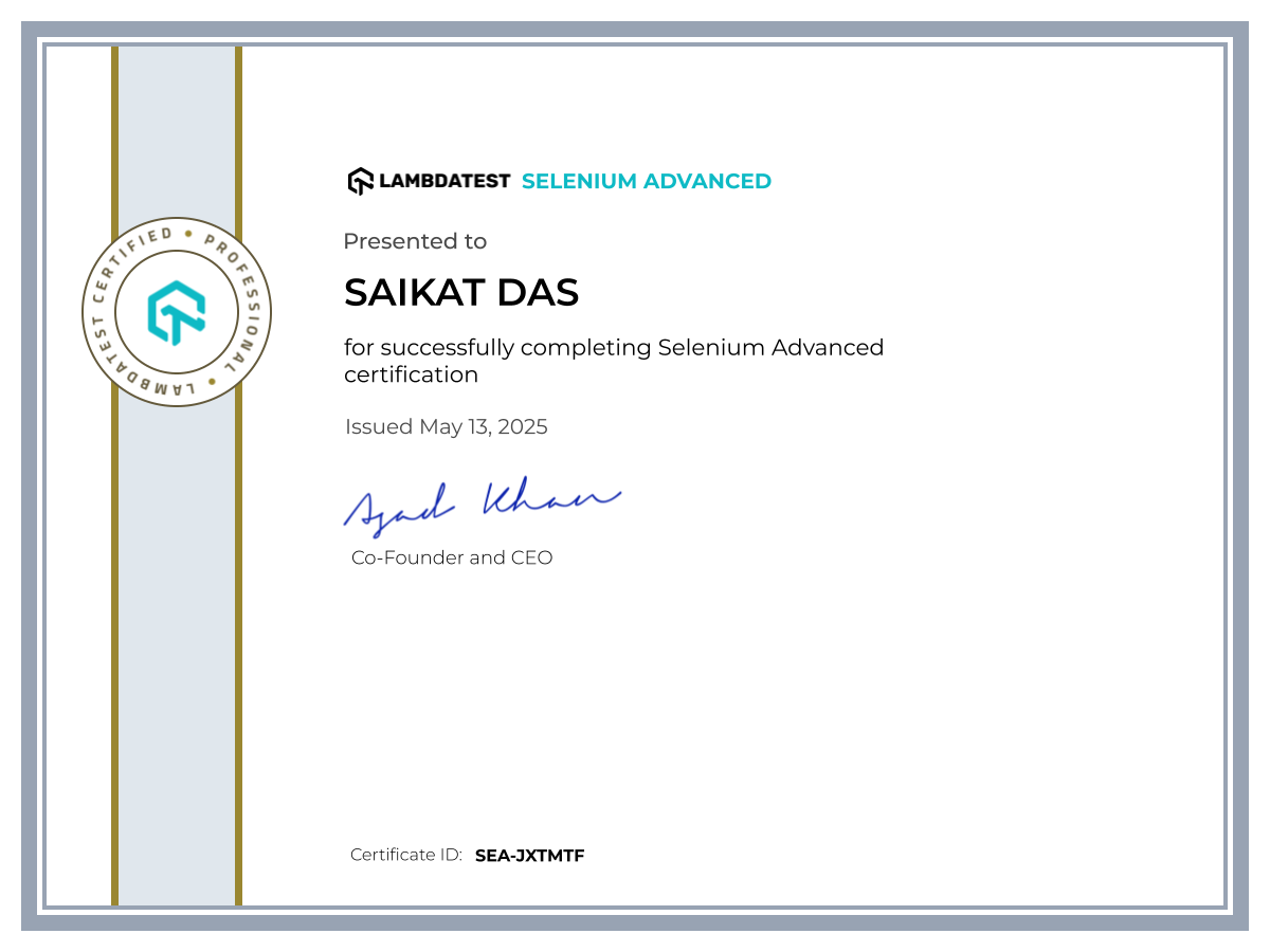 Saikat Das's Automation Certificate: Selenium Advanced