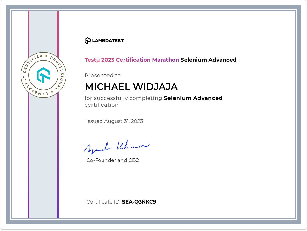 Michael Widjaja's Automation Certificate: Selenium Advanced