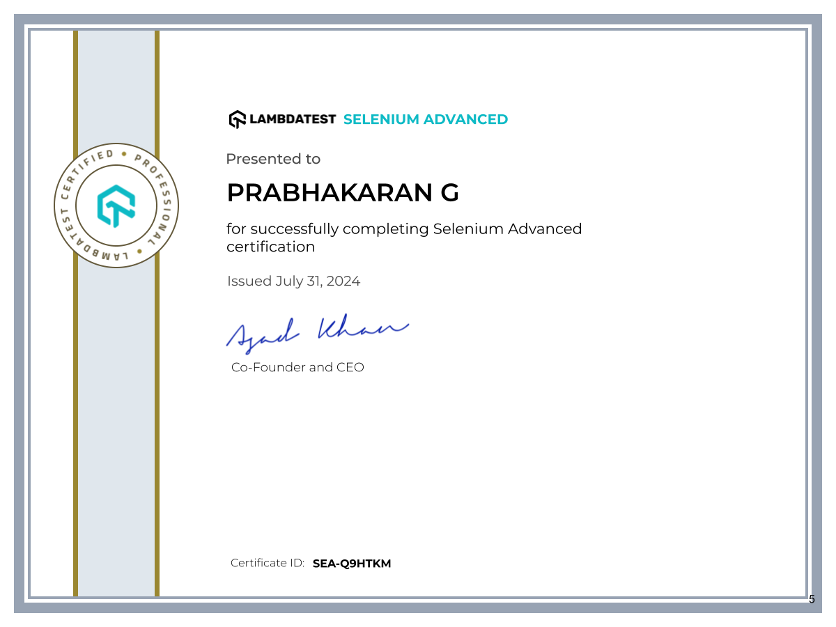 Prabhakaran G's Automation Certificate: Selenium Advanced