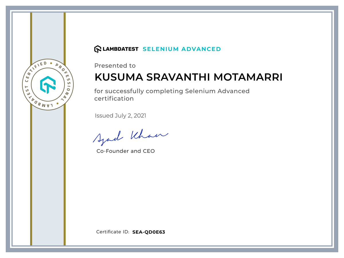 Kusuma Sravanthi Motamarri's Automation Certificate: Selenium Advanced
