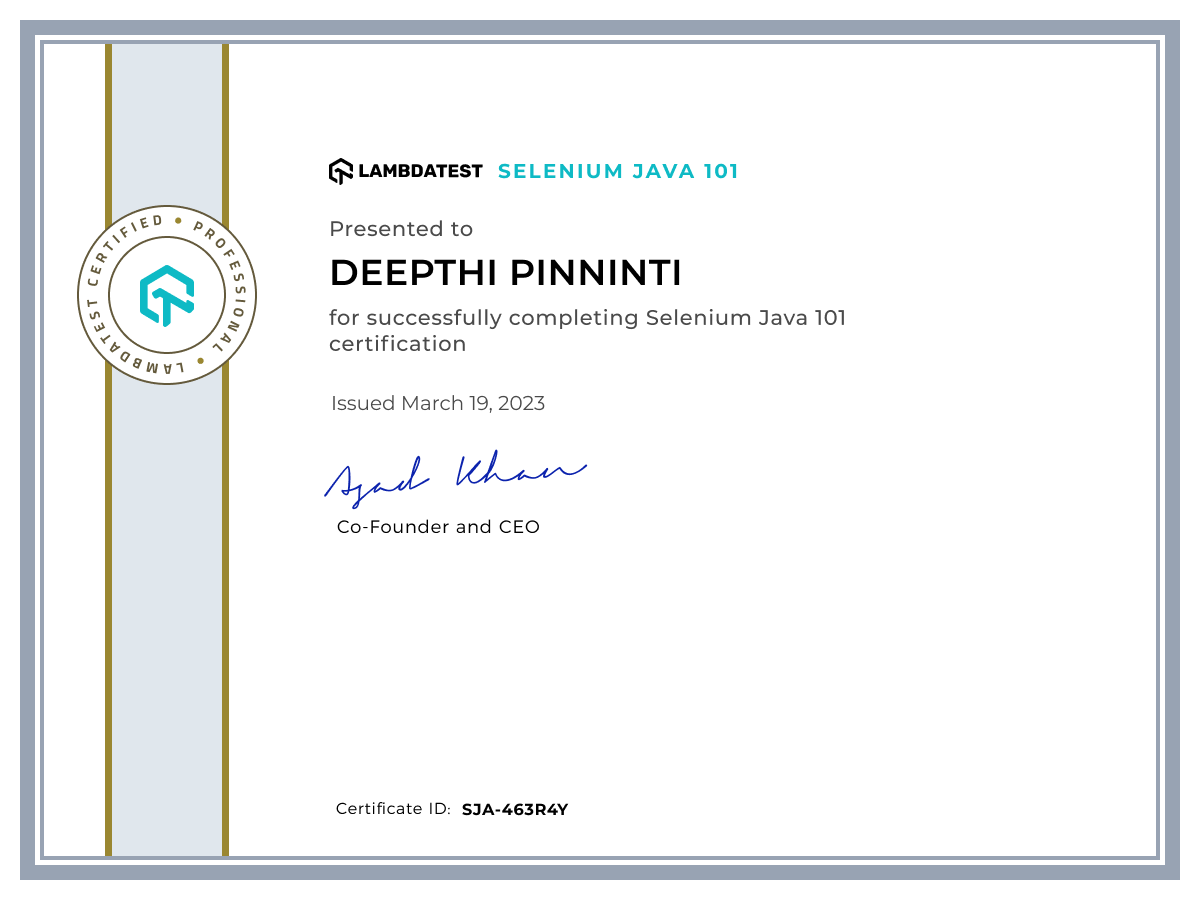 Deepthi Pinninti's Automation Certificate: Selenium Java 101