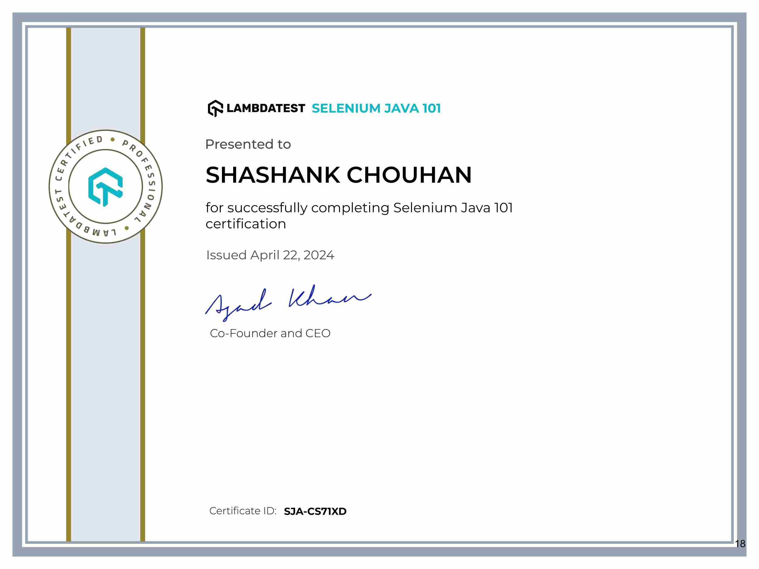 Shashank Chouhan's Automation Certificate: Selenium Java 101