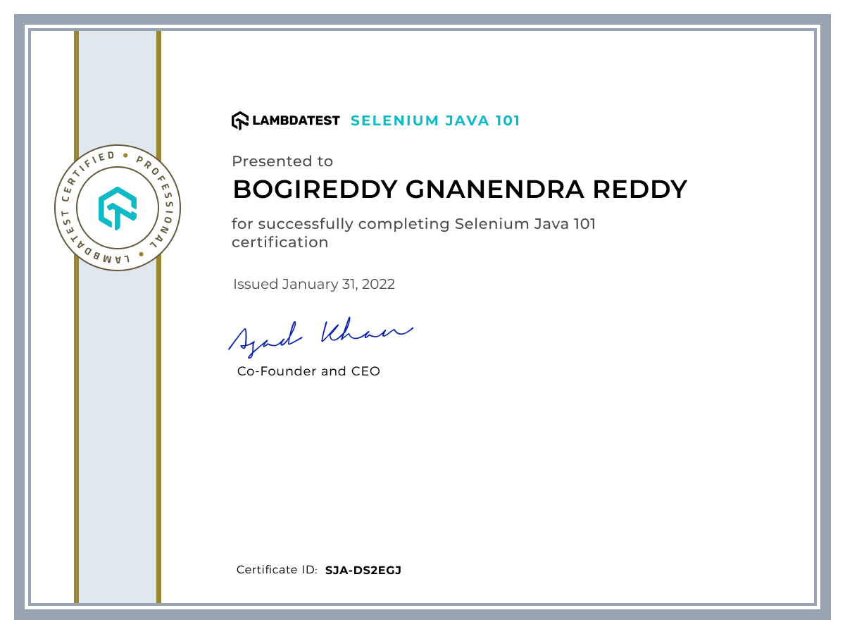 Bogireddy Gnanendra Reddy's Automation Certificate: Selenium Java 101