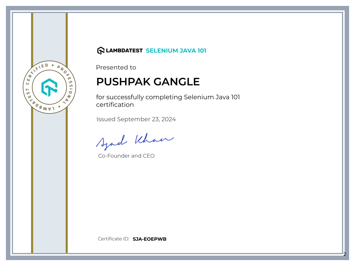 Pushpak Gangle's Automation Certificate: Selenium Java 101