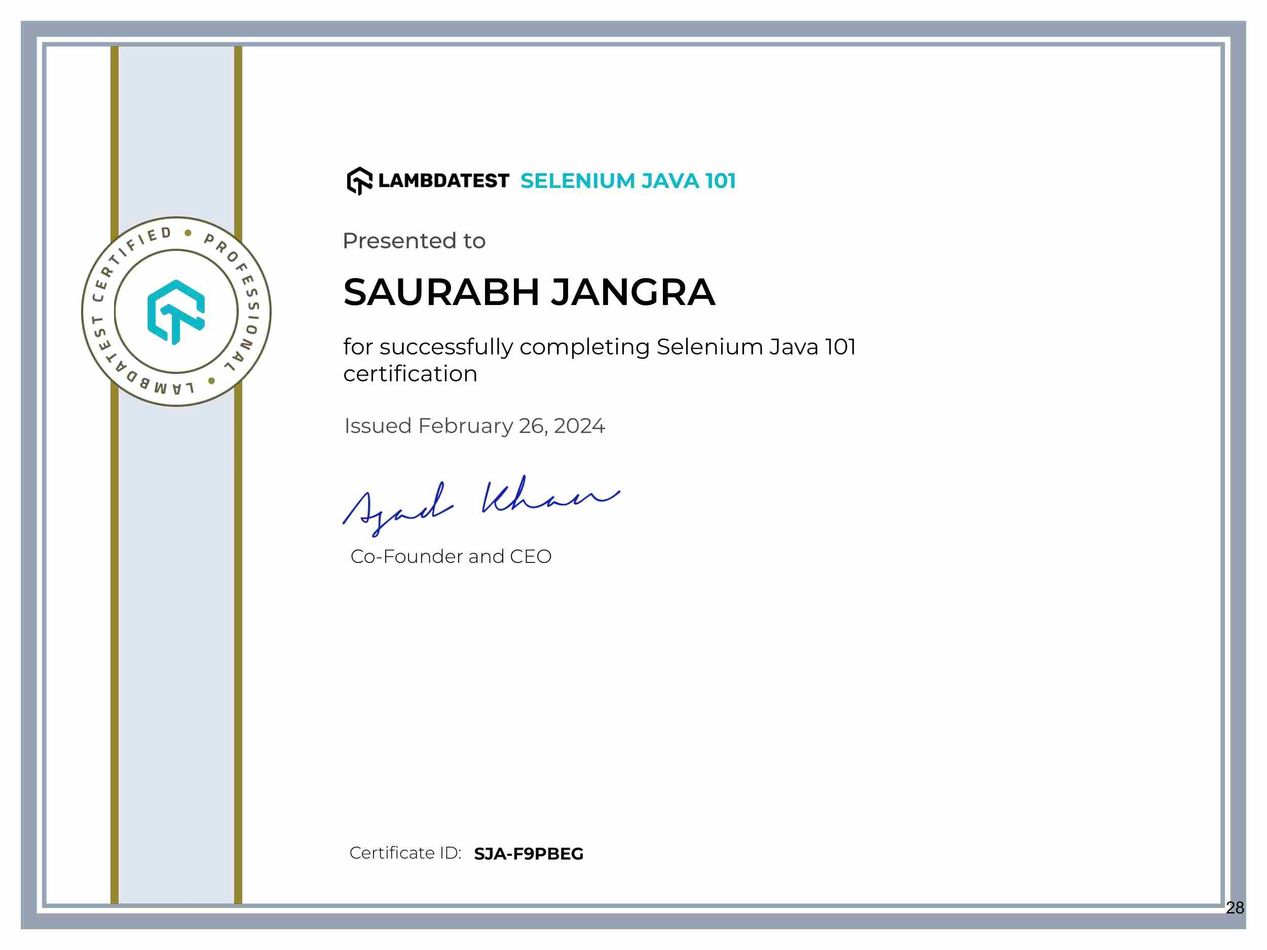 Saurabh Jangra's Automation Certificate: Selenium Java 101