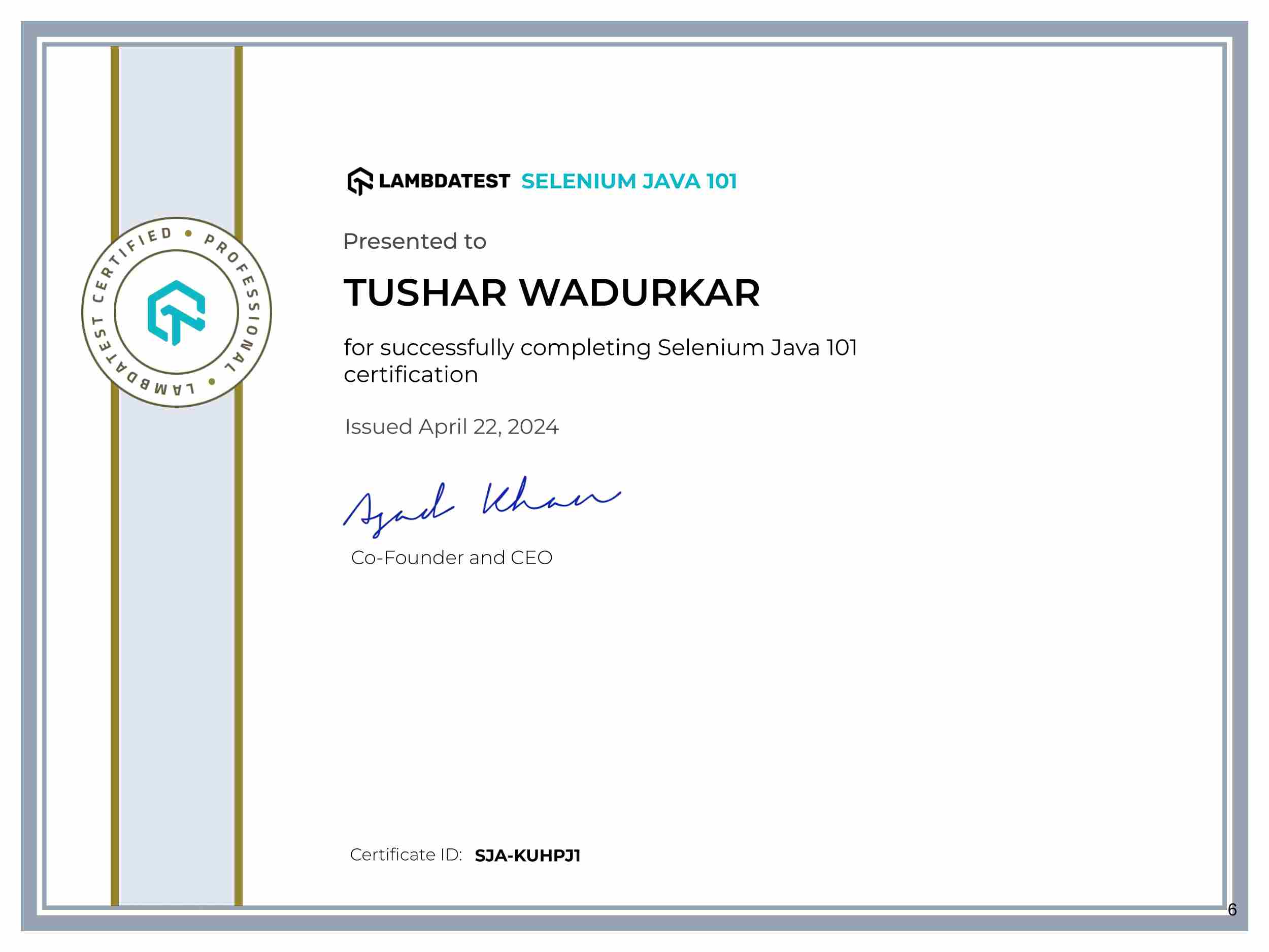 Tushar Wadurkar's Automation Certificate: Selenium Java 101