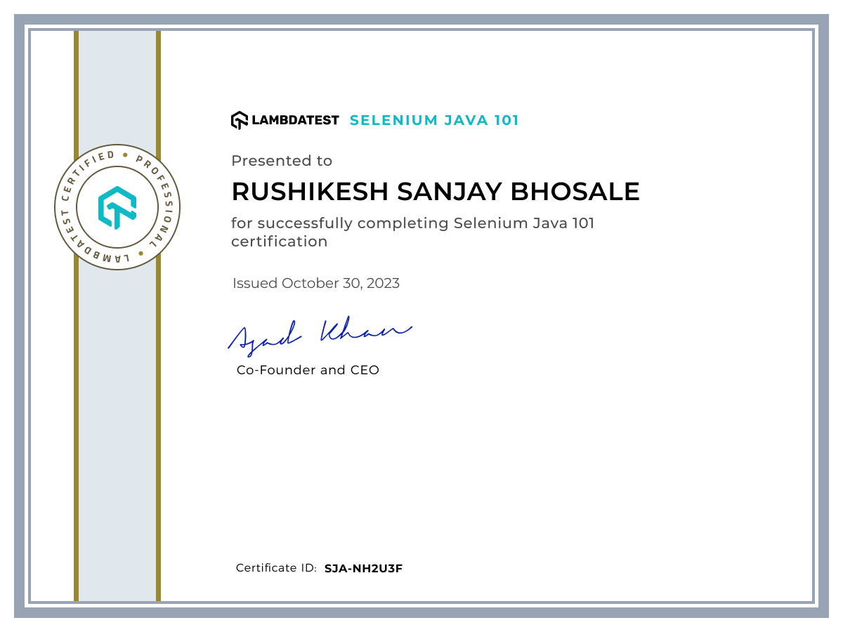 Rushikesh Sanjay Bhosale's Automation Certificate: Selenium Java 101