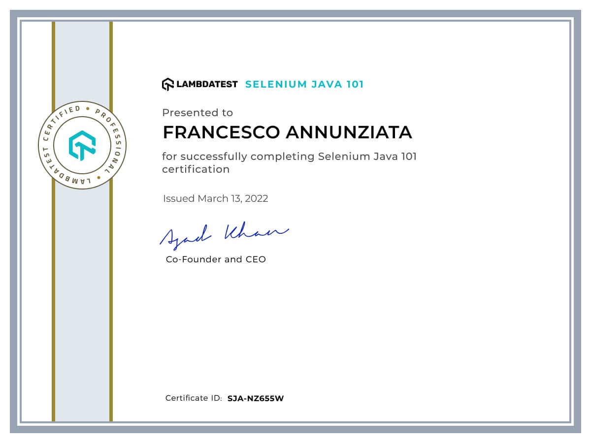 Francesco Annunziata's Automation Certificate: Selenium Java 101