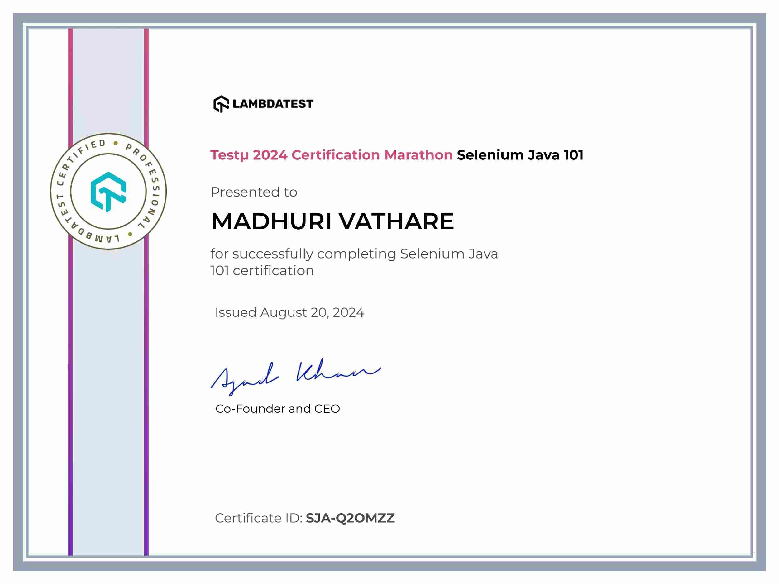 Madhuri Vathare's Automation Certificate: Selenium Java 101