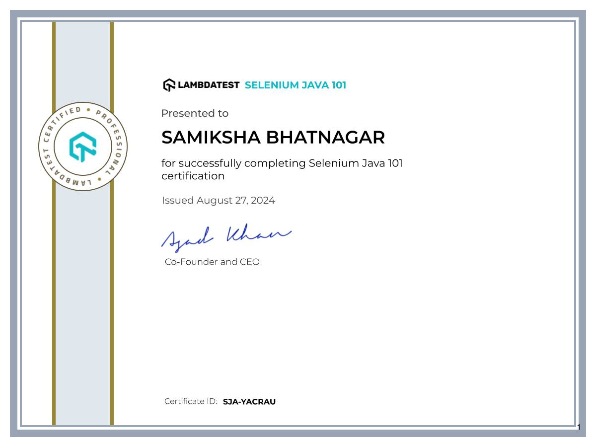Samiksha Bhatnagar's Automation Certificate: Selenium Java 101