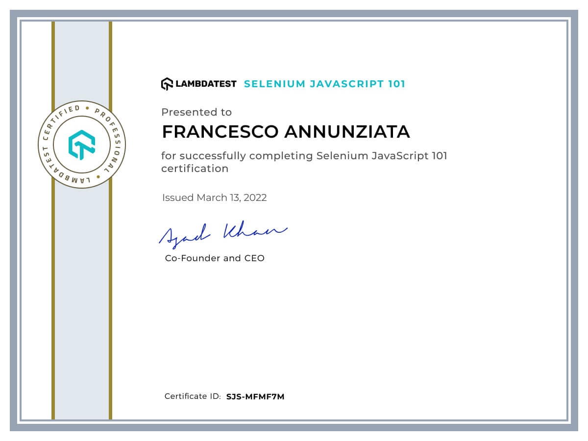 Francesco Annunziata's Automation Certificate: Selenium JavaScript 101