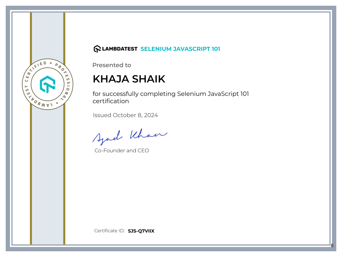 Khaja Shaik's Automation Certificate: Selenium JavaScript 101