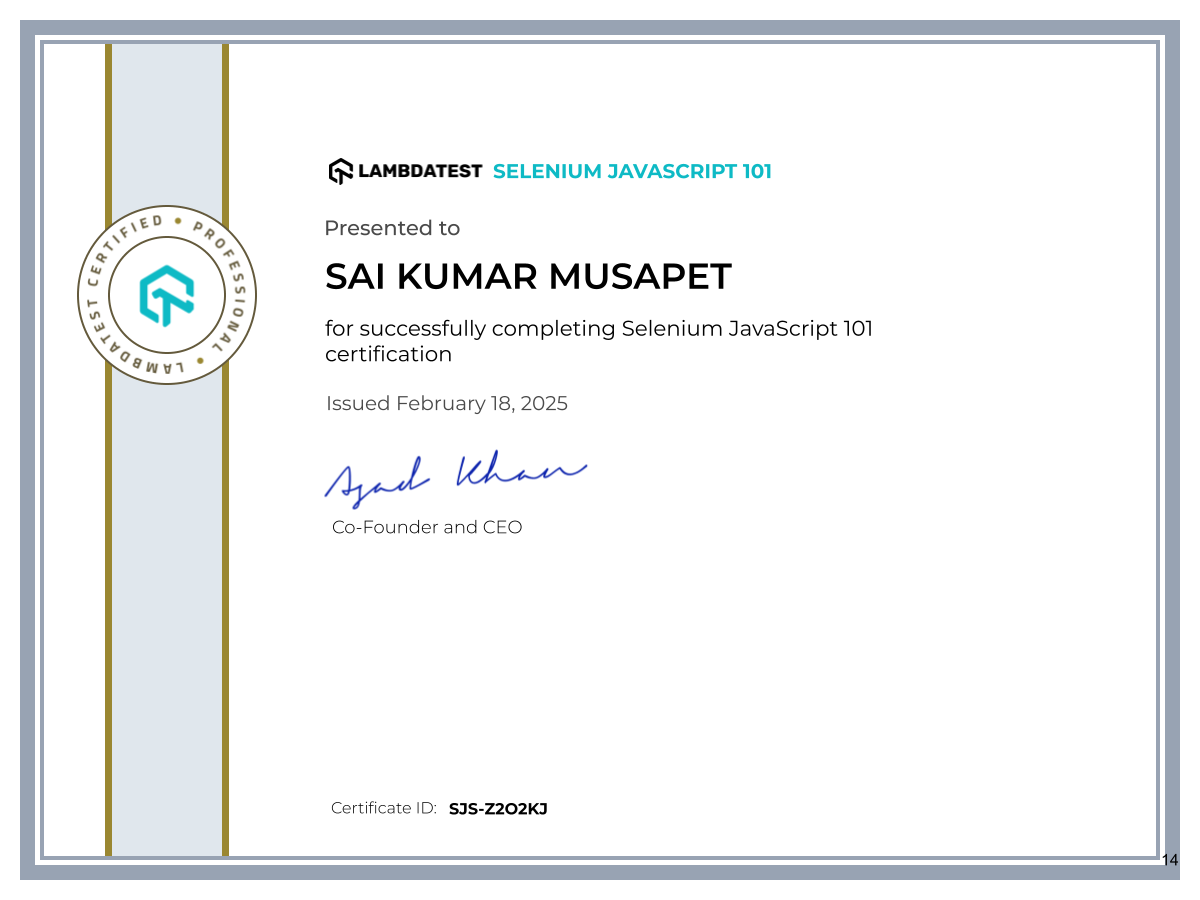 Sai Kumar Musapet's Automation Certificate: Selenium JavaScript 101