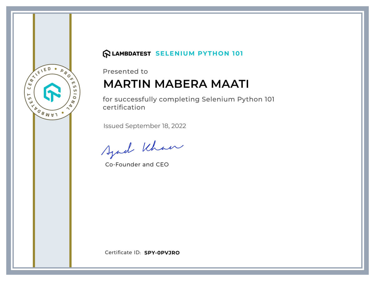 Martin Mabera Maati's Automation Certificate: Selenium Python 101