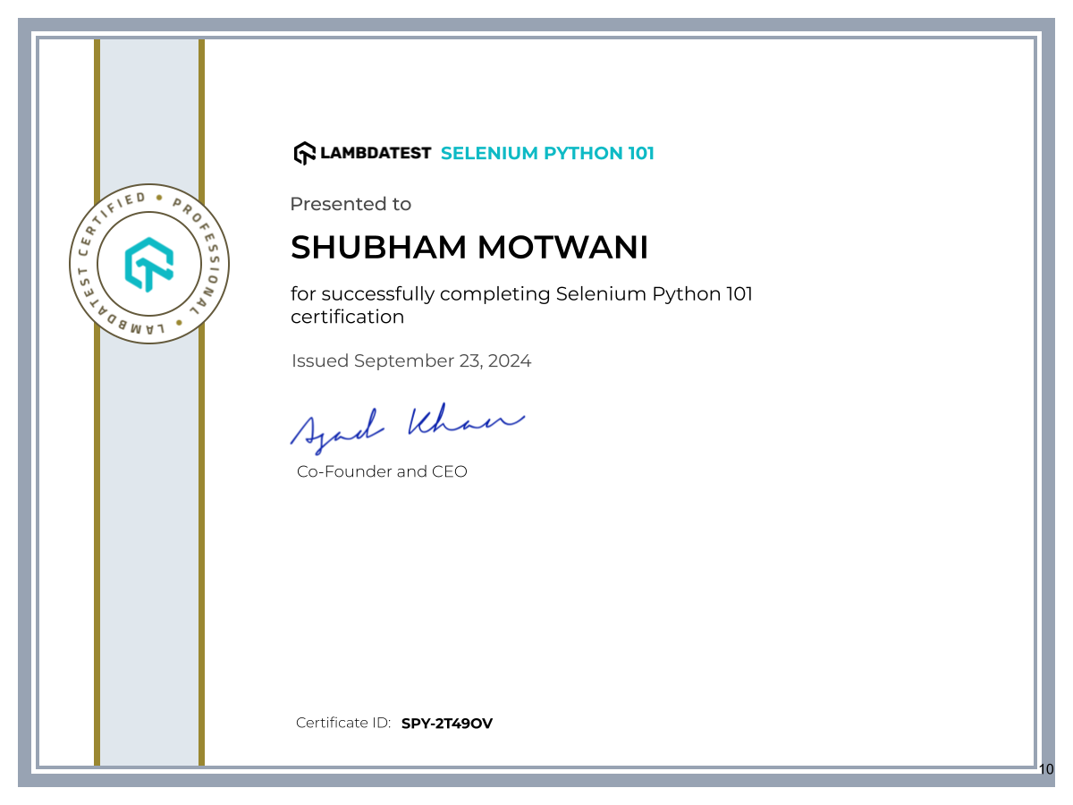 Shubham Motwani's Automation Certificate: Selenium Python 101