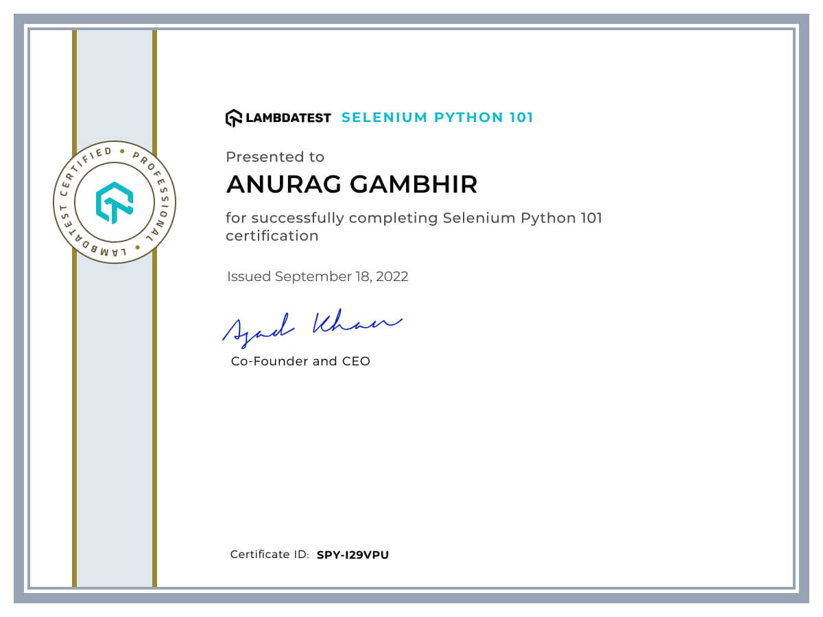 Anurag Gambhir's Automation Certificate: Selenium Python 101