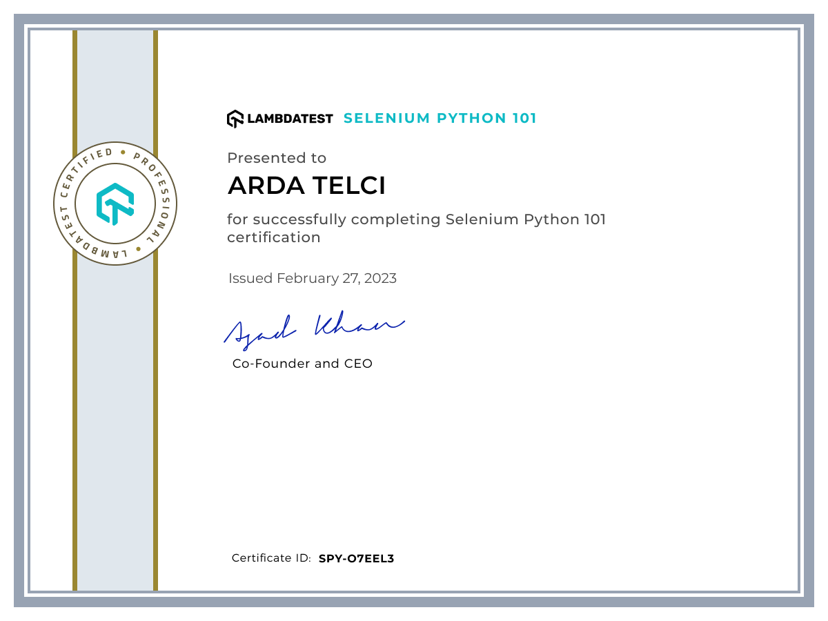 Arda Telci's Automation Certificate: Selenium Python 101