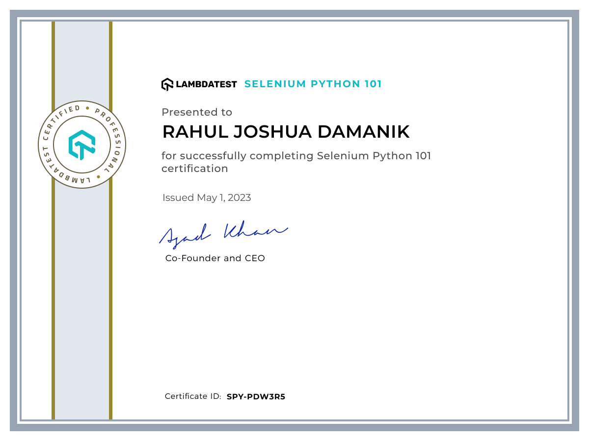 Rahul Joshua's Automation Certificate: Selenium Python 101