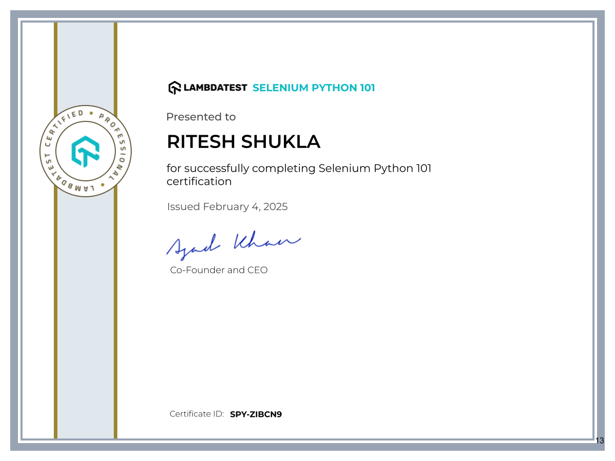 Ritesh Shukla's Automation Certificate: Selenium Python 101