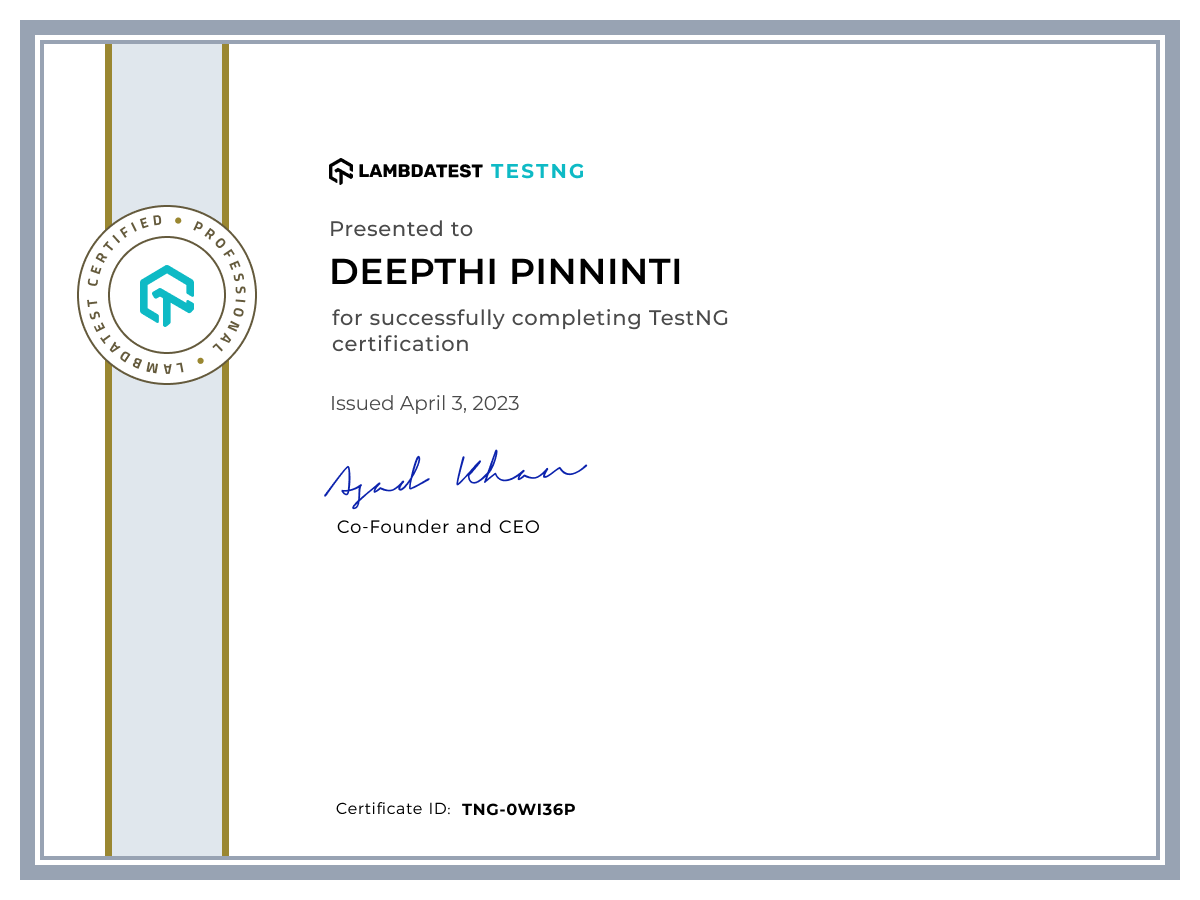 Deepthi Pinninti's Automation Certificate: TestNG