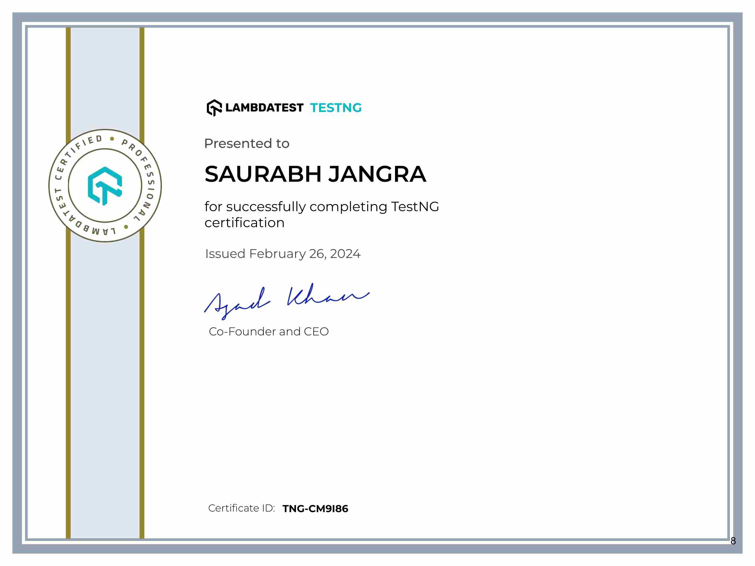 Saurabh Jangra's Automation Certificate: TestNG