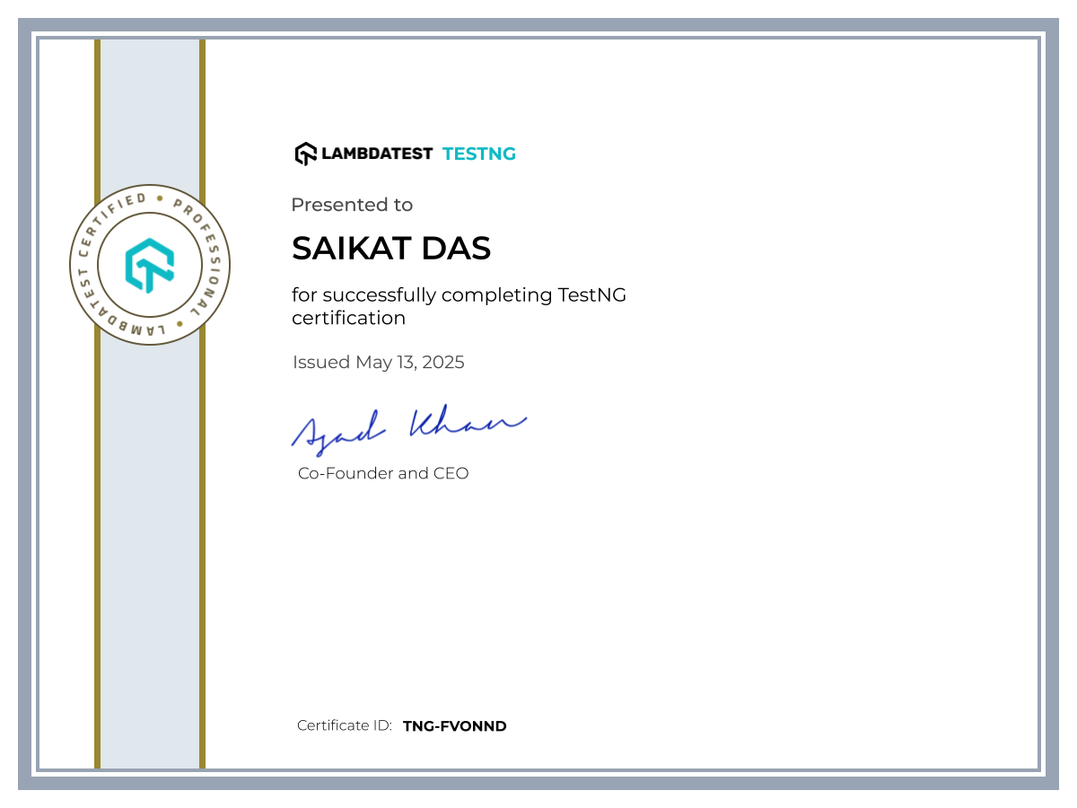 Saikat Das's Automation Certificate: TestNG