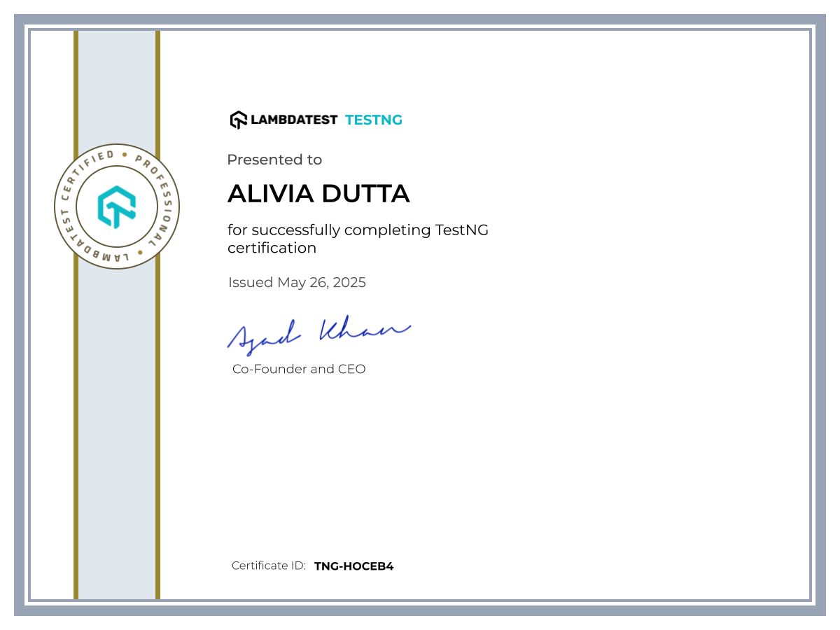 Alivia Dutta's Automation Certificate: TestNG