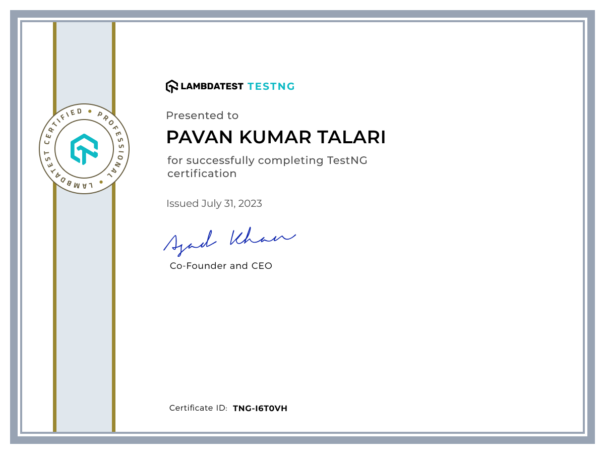 Pavan Kumar Talari's Automation Certificate: TestNG