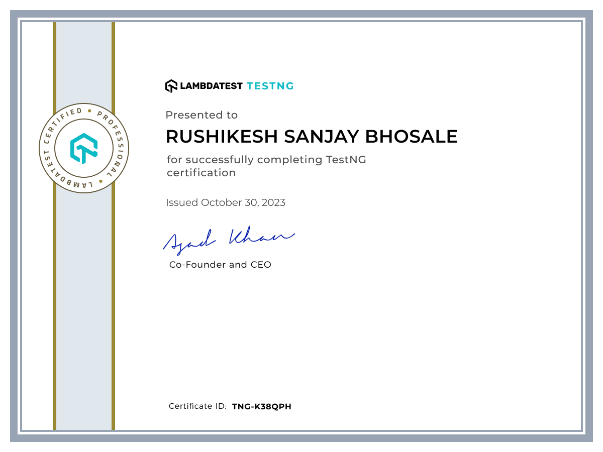 Rushikesh Sanjay Bhosale's Automation Certificate: TestNG