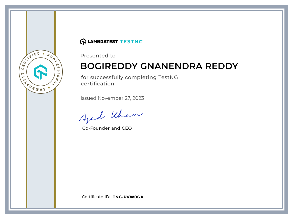 Bogireddy Gnanendra Reddy's Automation Certificate: TestNG