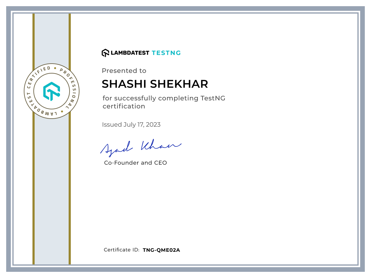 Shashi Shekhar's Automation Certificate: TestNG