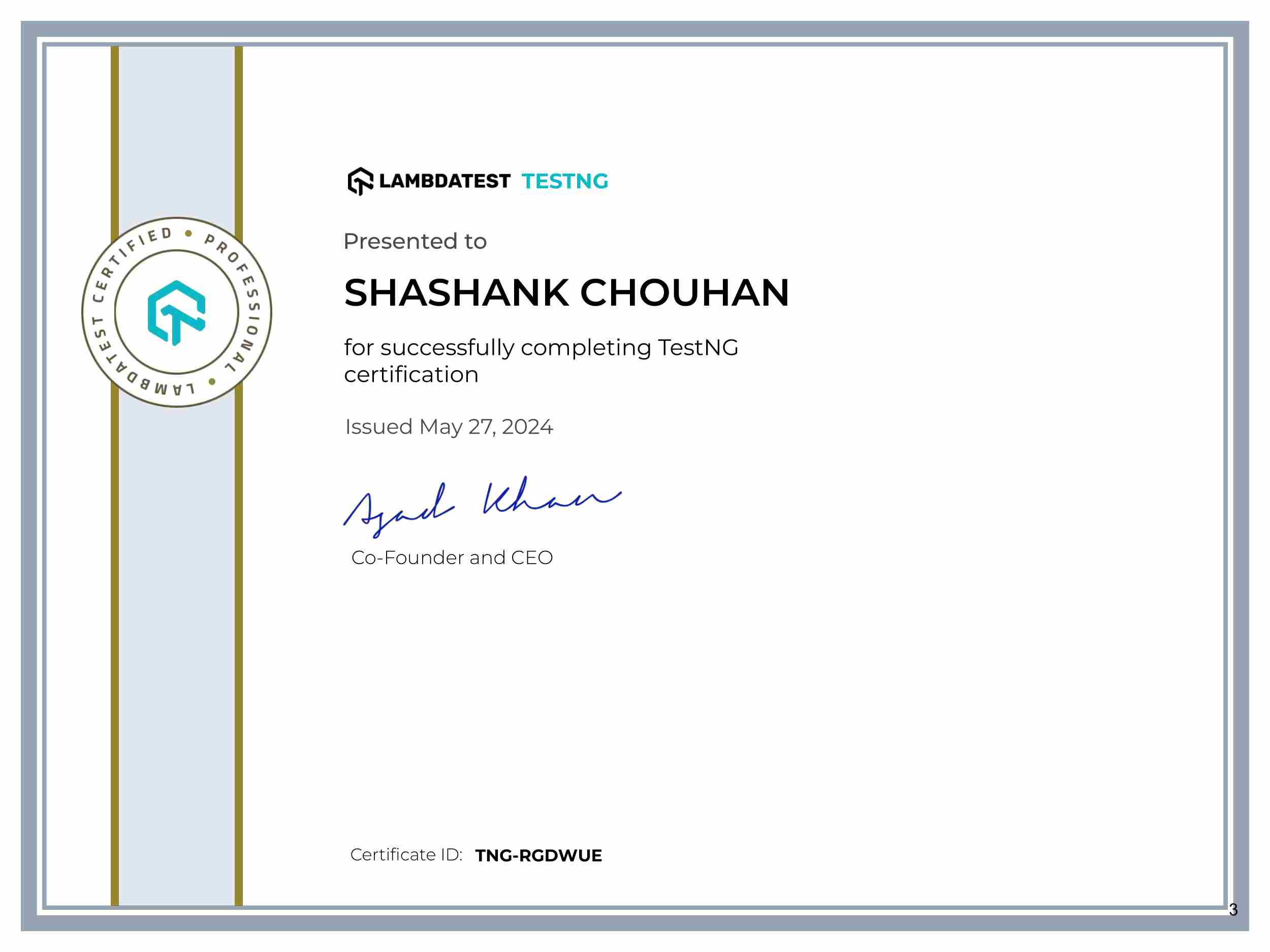 Shashank Chouhan's Automation Certificate: TestNG