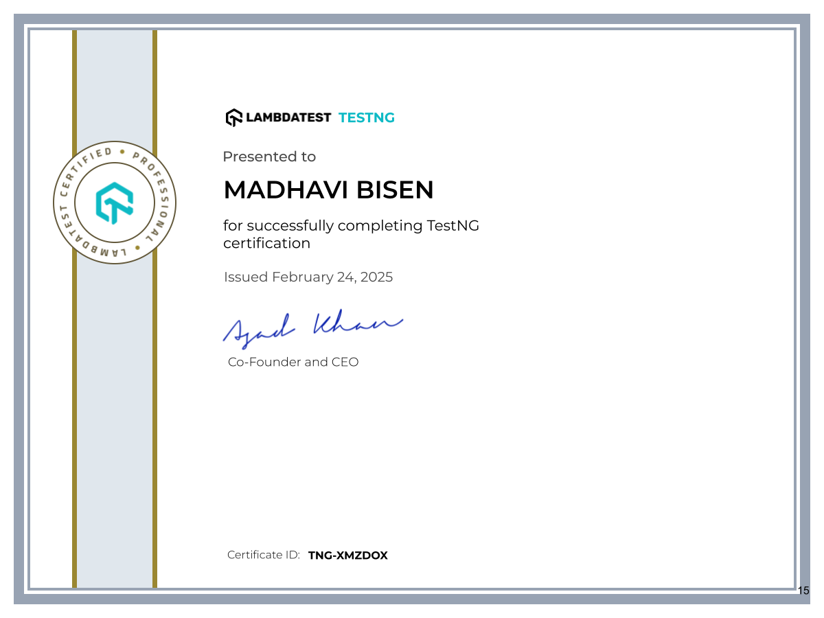Madhavi Bisen's Automation Certificate: TestNG